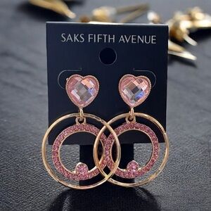 3/$40 Saks Fifth Avenue Pink & Gold Heart Hoop Dangle Earrings